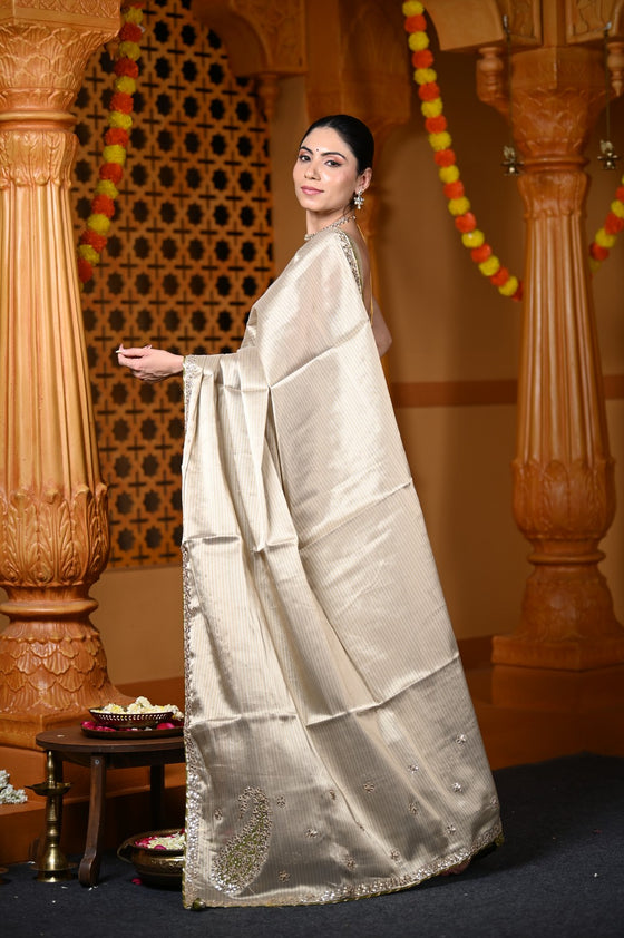 Durva Premium ~ Viscose Tissue Saree with Hand-Embroidered Gota Patti in Ivory