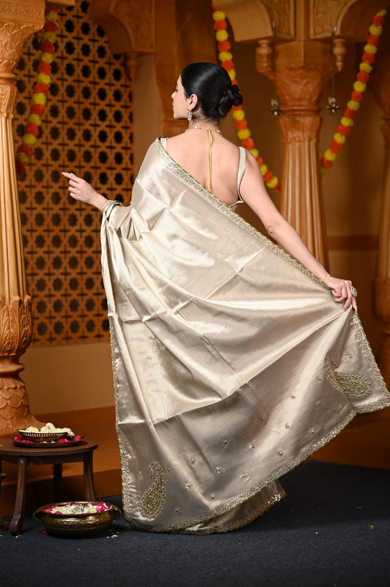 Durva Premium ~ Viscose Tissue Saree with Hand-Embroidered Gota Patti in Ivory