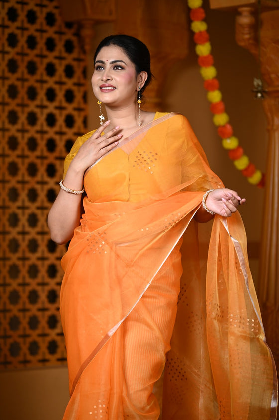 Durva Premium ~ Limited Edition Handloom Muslin Silk Jamdani Saree in Sapphire Orange