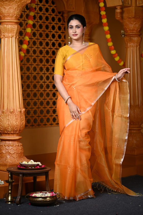Durva Premium ~ Limited Edition Handloom Muslin Silk Jamdani Saree in Sapphire Orange