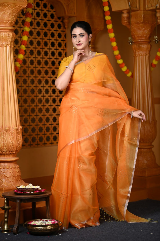 Durva Premium ~ Limited Edition Handloom Muslin Silk Jamdani Saree in Sapphire Orange