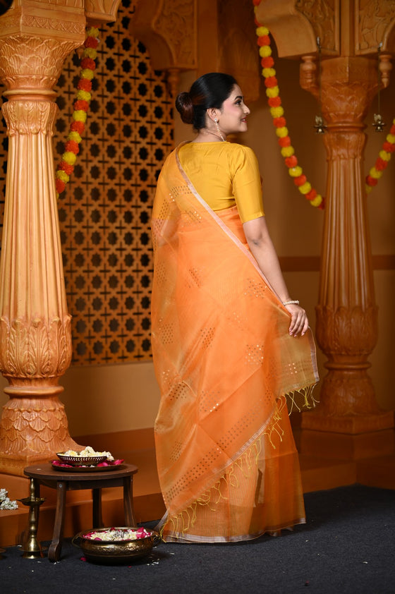 Durva Premium ~ Limited Edition Handloom Muslin Silk Jamdani Saree in Sapphire Orange