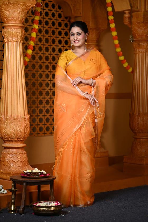 Durva Premium ~ Limited Edition Handloom Muslin Silk Jamdani Saree in Sapphire Orange