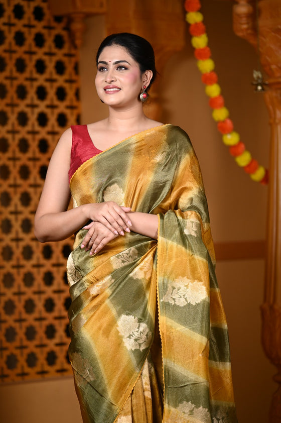 Durva Premium~ Viscose Hand-dyed Rangkaath Saree in Shades of Olive Yellow