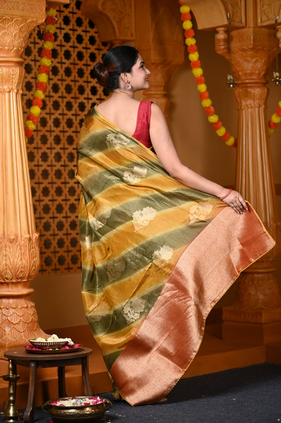 Durva Premium~ Viscose Hand-dyed Rangkaath Saree in Shades of Olive Yellow