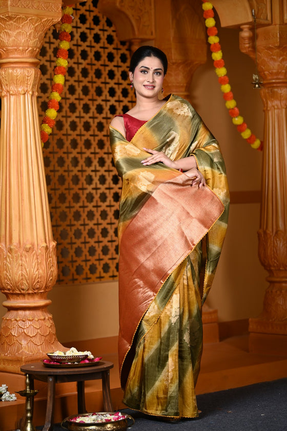 Durva Premium~ Viscose Hand-dyed Rangkaath Saree in Shades of Olive Yellow