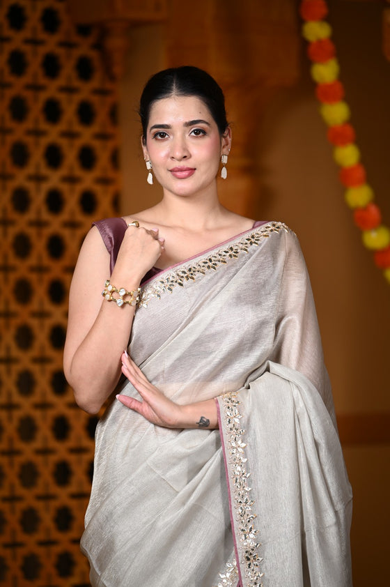 Durva Premium ~ Viscose Tissue Saree with Hand-Embroidered Gota Patti in Diamond White