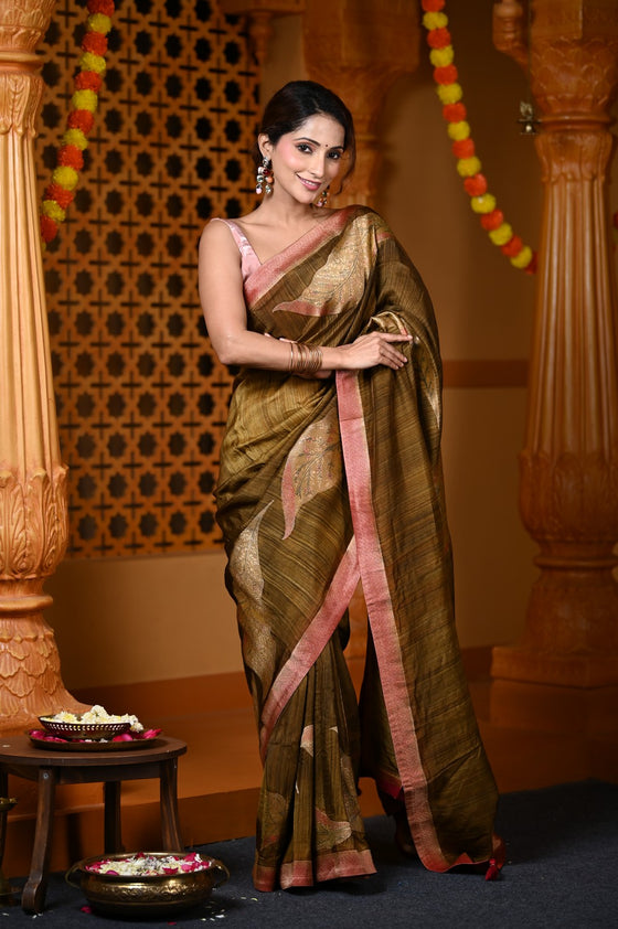 Durva Premium~ Viscose Hand-dyed Rangkaath Saree in Shades of Olive
