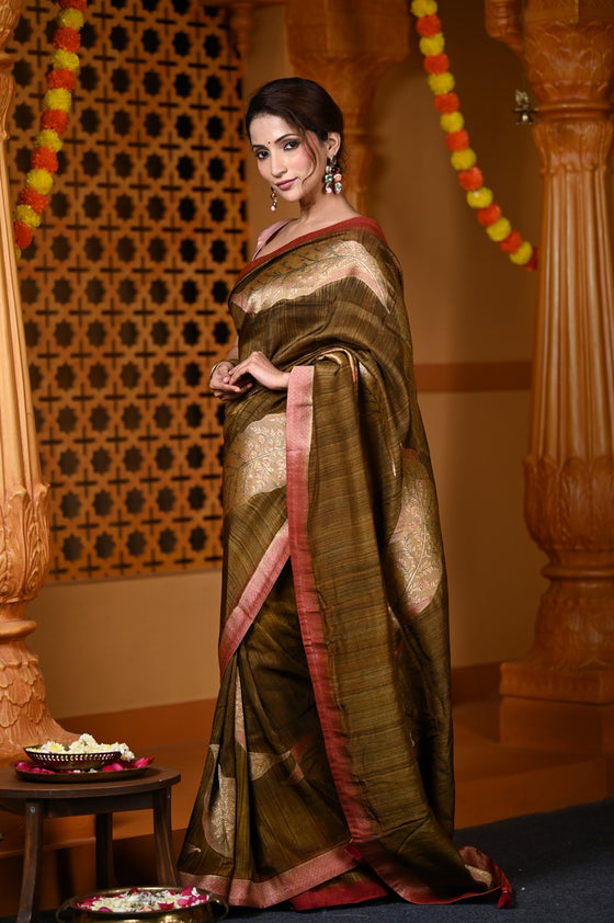 Durva Premium~ Viscose Hand-dyed Rangkaath Saree in Shades of Olive