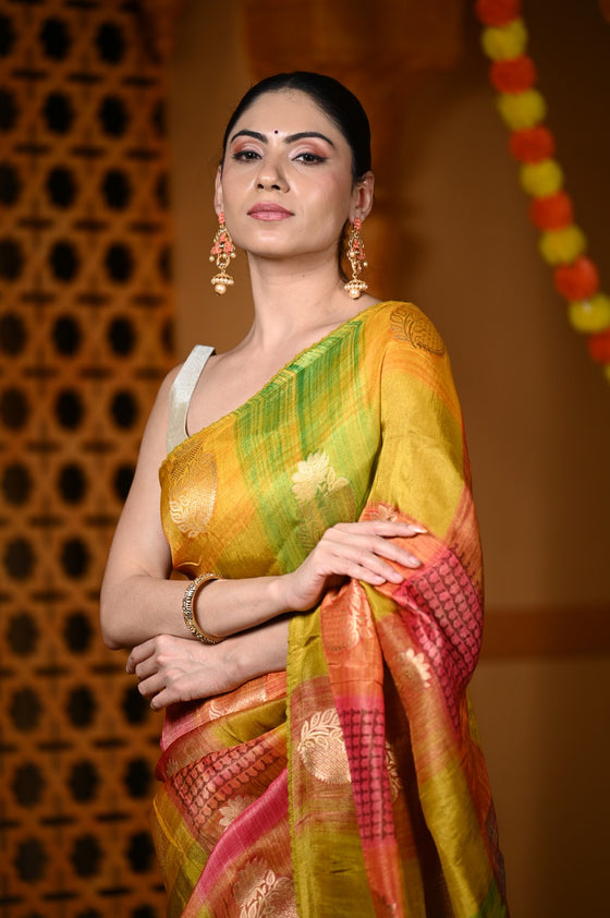 Durva Premium~ Viscose Hand-dyed Rangkaath Saree in Shades of Yellow Pink