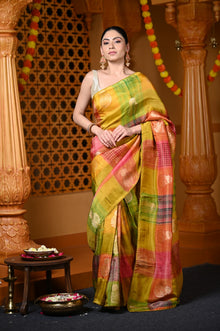  Durva Premium~ Viscose Hand-dyed Rangkaath Saree in Shades of Yellow Pink