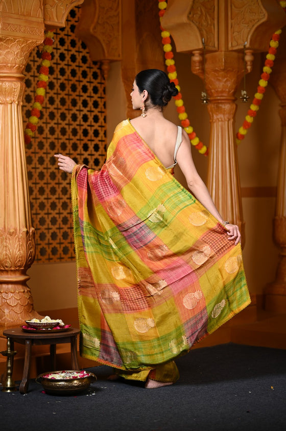 Durva Premium~ Viscose Hand-dyed Rangkaath Saree in Shades of Yellow Pink