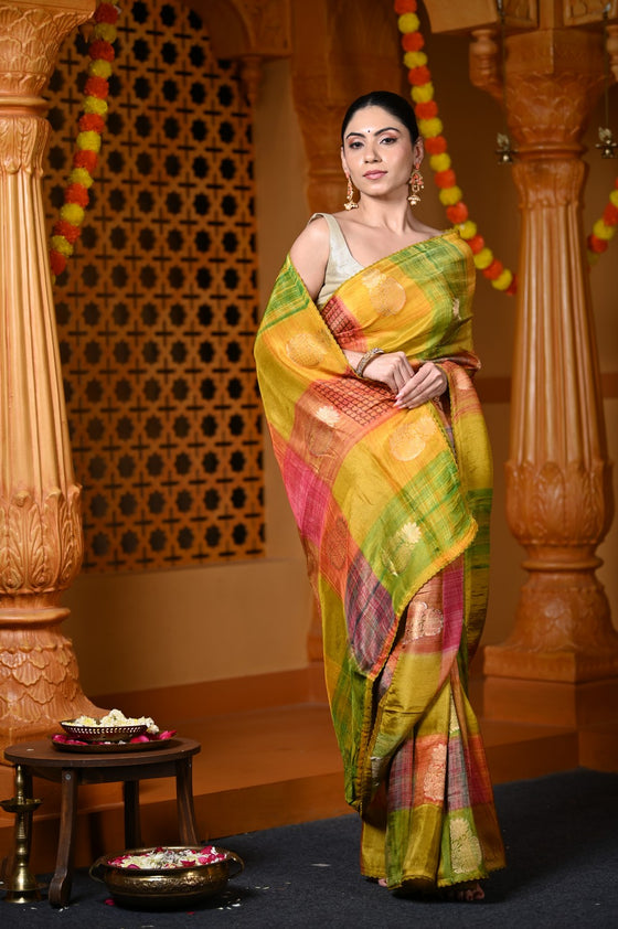 Durva Premium~ Viscose Hand-dyed Rangkaath Saree in Shades of Yellow Pink