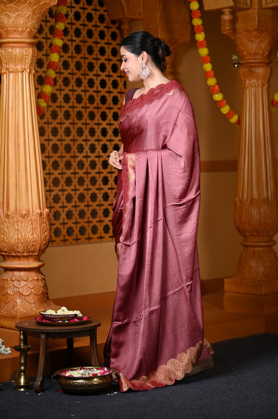 Durva Premium ~ Viscose Hand-dyed Rangkaath Saree with Cut Work Border in Metallic Copper