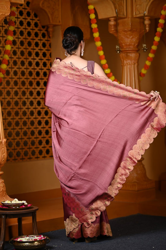 Durva Premium ~ Viscose Hand-dyed Rangkaath Saree with Cut Work Border in Metallic Copper