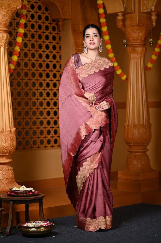Durva Premium ~ Viscose Hand-dyed Rangkaath Saree with Cut Work Border in Metallic Copper