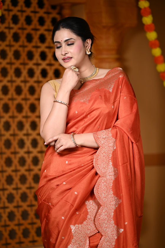 Durva Premium ~ Viscose Hand-dyed Rangkaath Saree with Cut Work Border in Orange
