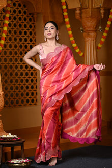  Durva Premium ~ Viscose Hand-dyed Rangkaath Saree with Cut Work Border in Shades of Orange and Pink