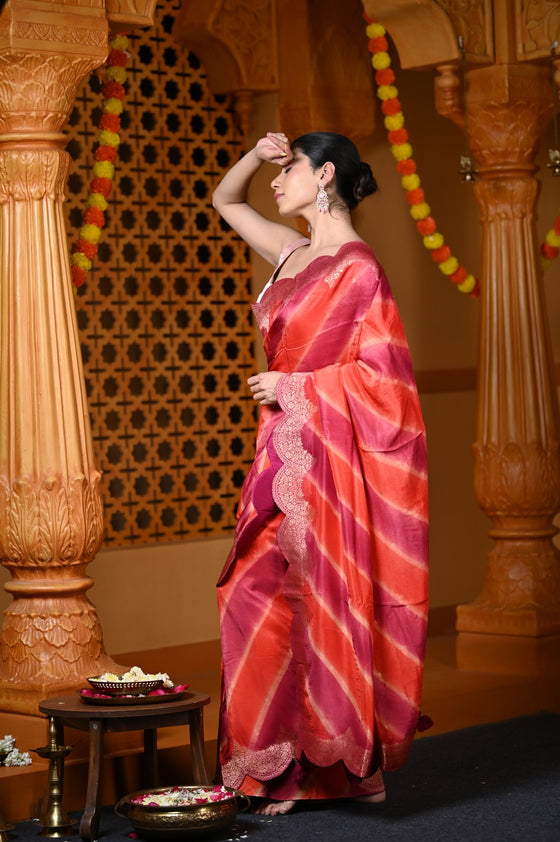 Durva Premium ~ Viscose Hand-dyed Rangkaath Saree with Cut Work Border in Shades of Orange and Pink