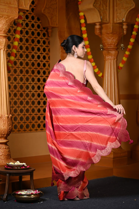 Durva Premium ~ Viscose Hand-dyed Rangkaath Saree with Cut Work Border in Shades of Orange and Pink
