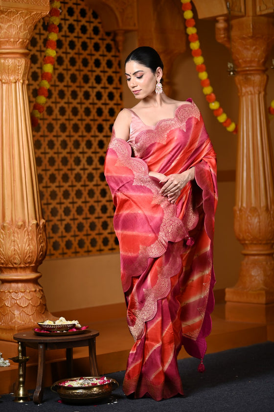 Durva Premium ~ Viscose Hand-dyed Rangkaath Saree with Cut Work Border in Shades of Orange and Pink