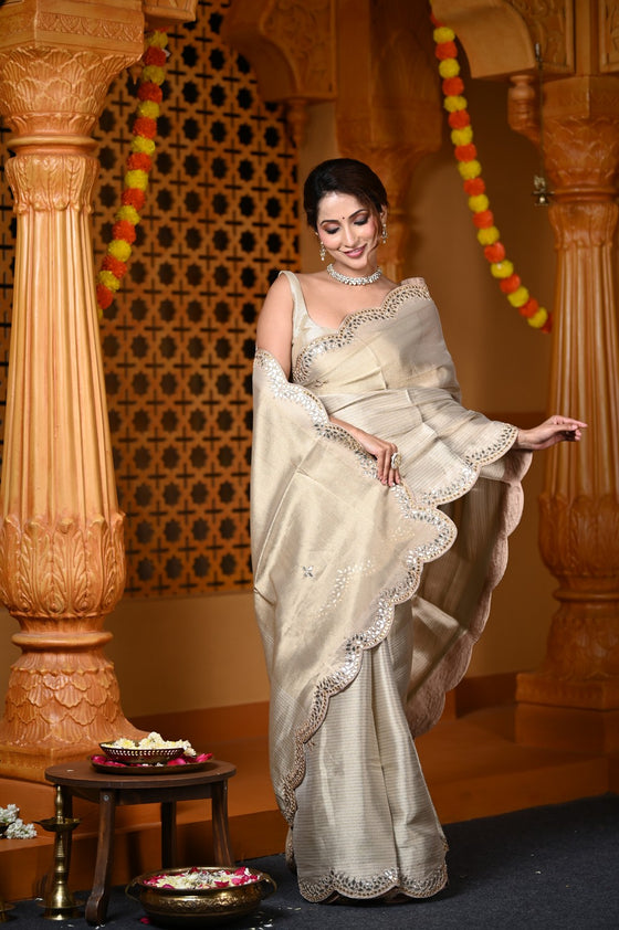 Durva Premium ~ Viscose Tissue Saree with Hand-Embroidered Gota Patti & Cut Work Border in Beige