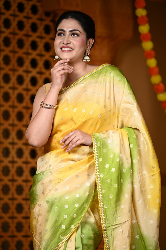 Durva Premium ~ Viscose Silk Hand-dyed Saree in Monochrome Yellow Green (Vegan Silk)