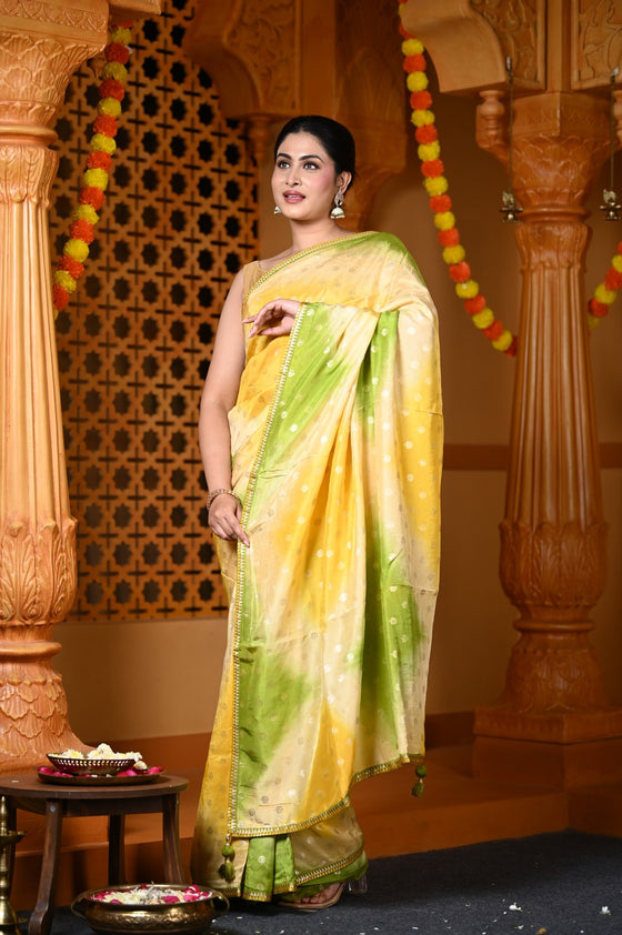 Durva Premium ~ Viscose Silk Hand-dyed Saree in Monochrome Yellow Green (Vegan Silk)