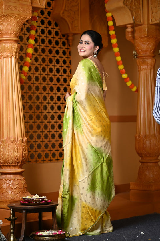 Durva Premium ~ Viscose Silk Hand-dyed Saree in Monochrome Yellow Green (Vegan Silk)