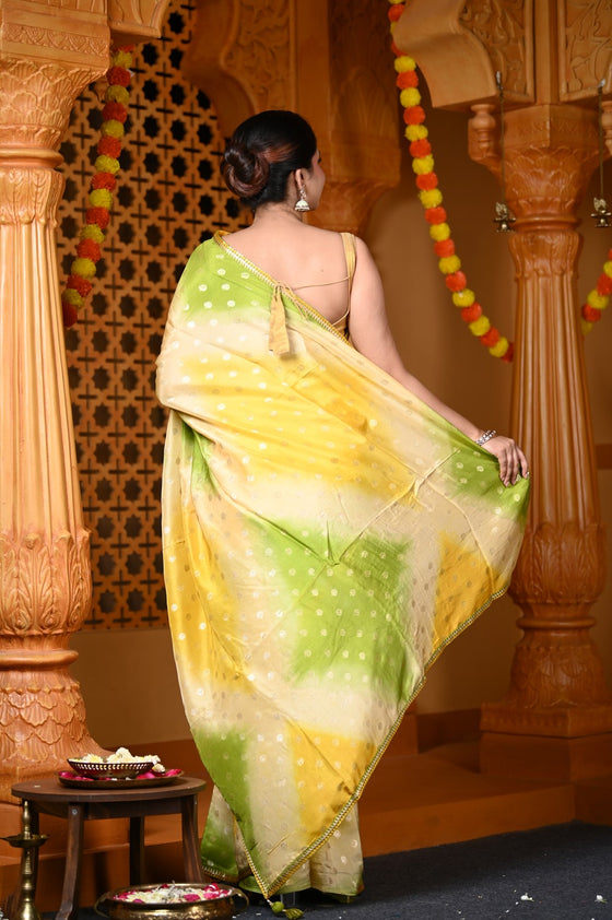 Durva Premium ~ Viscose Silk Hand-dyed Saree in Monochrome Yellow Green (Vegan Silk)