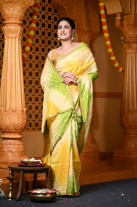 Durva Premium ~ Viscose Silk Hand-dyed Saree in Monochrome Yellow Green (Vegan Silk)