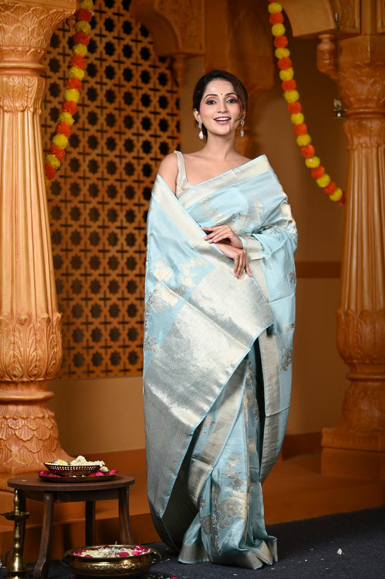 Durva Premium~ Viscose Hand-dyed Rangkaath Saree in Shades of Sky Blue