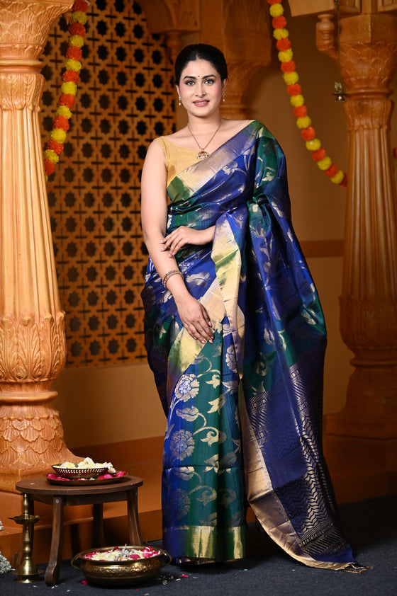 Durva Premium ~ Handloom Brocade Pure Soft Silk Saree in Dual Tone Blue Green (Limited Edition)