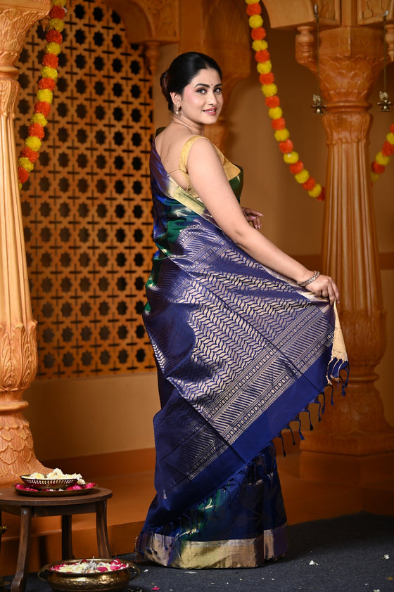 Durva Premium ~ Handloom Brocade Pure Soft Silk Saree in Dual Tone Blue Green (Limited Edition)