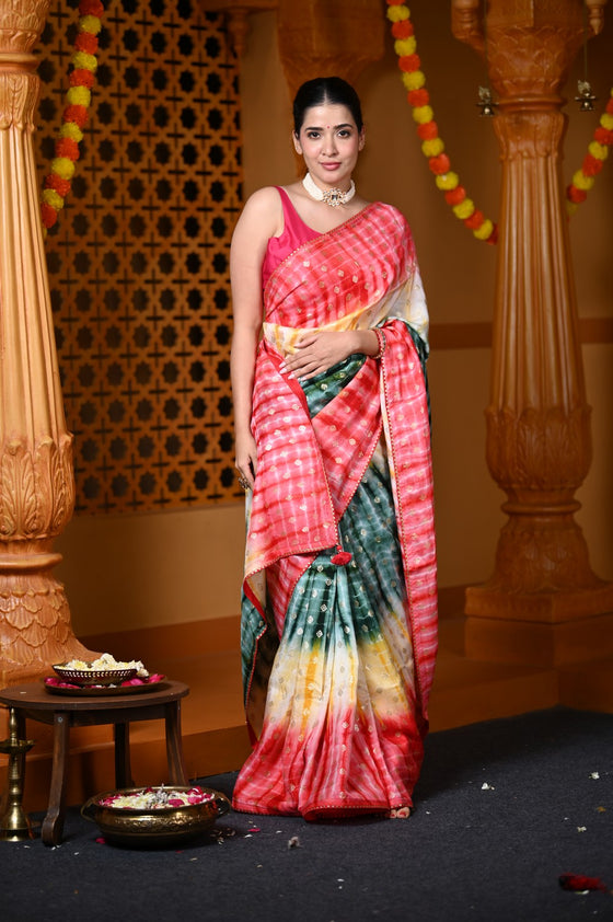 Durva Premium ~ Viscose Hand-dyed Saree in Monochrome Yellow Green Red