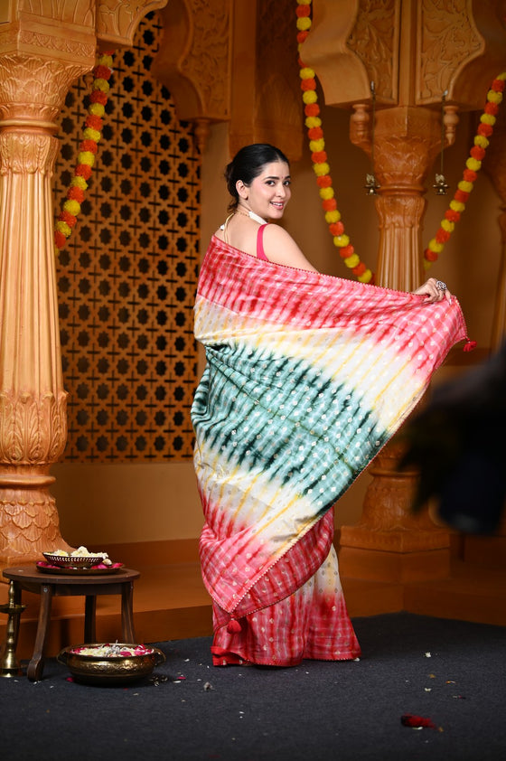 Durva Premium ~ Viscose Hand-dyed Saree in Monochrome Yellow Green Red
