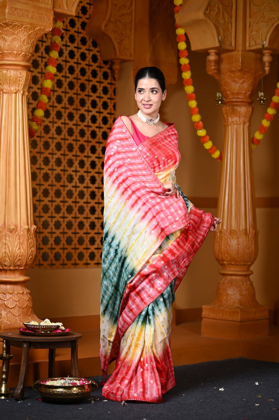 Durva Premium ~ Viscose Hand-dyed Saree in Monochrome Yellow Green Red
