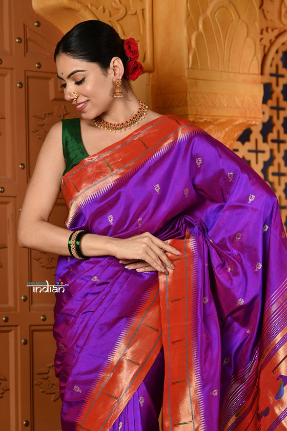 Shubh ~ Handloom Pure Silk Muniya Border Paithani Saree with Exclusive Double Pallu in Dual Tone Pink