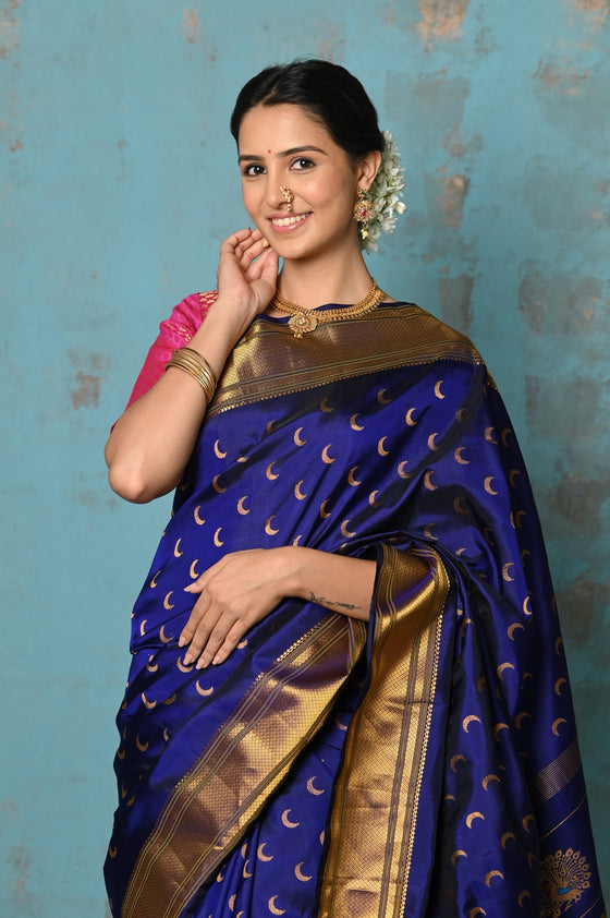 Tyohaar ~ Chandrakor: Handloom Pure Silk Maharani Paithani Saree with Traditional Maharani Pallu ~ Royal Blue (By Government Certified Weavers)