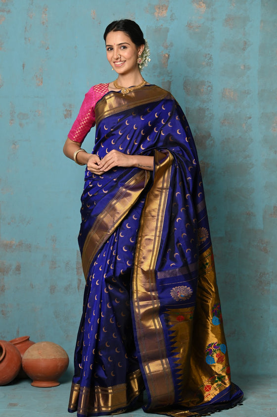 Tyohaar ~ Chandrakor: Handloom Pure Silk Maharani Paithani Saree with Traditional Maharani Pallu ~ Royal Blue (By Government Certified Weavers)
