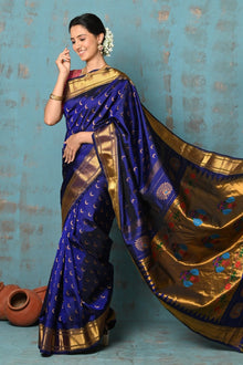 Tyohaar ~ Chandrakor: Handloom Pure Silk Maharani Paithani Saree with Traditional Maharani Pallu ~ Royal Blue (By Government Certified Weavers)
