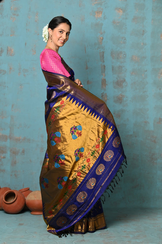 Tyohaar ~ Chandrakor: Handloom Pure Silk Maharani Paithani Saree with Traditional Maharani Pallu ~ Royal Blue (By Government Certified Weavers)