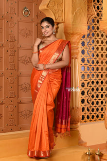  Shubh ~ Handloom Cotton Silk Saree with Golden Border in Exclusive Saphire Orange with Contrast Pallu