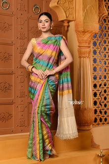  Shubh~ Golden Earth ~ Munga Silk Saree in Rang Kaath Multicolor with Subtle Stripes