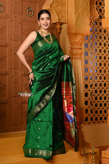  Shubh Chandrakor ~ Handloom Pure Silk Paithani Saree with Traditional Peacock Pallu ~ Royal Green