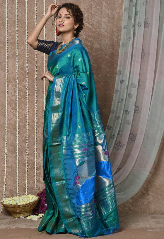 Chandrakor: Handloom Pure Silk Paithani Saree with Traditional Peacock Pallu ~ Cresent  Blue