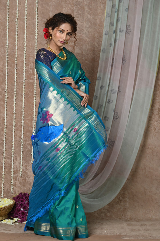 Chandrakor: Handloom Pure Silk Paithani Saree with Traditional Peacock Pallu ~ Cresent  Blue
