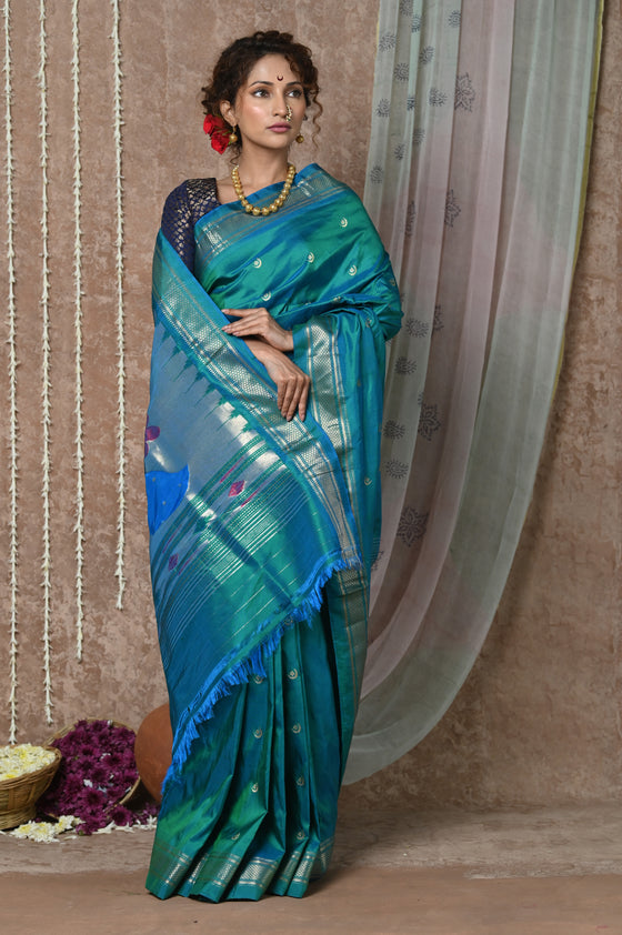 Chandrakor: Handloom Pure Silk Paithani Saree with Traditional Peacock Pallu ~ Cresent  Blue