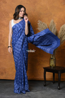  Mastaani ~ Handblock Printed Cotton Saree With Natural Dyes - Indigo Blue