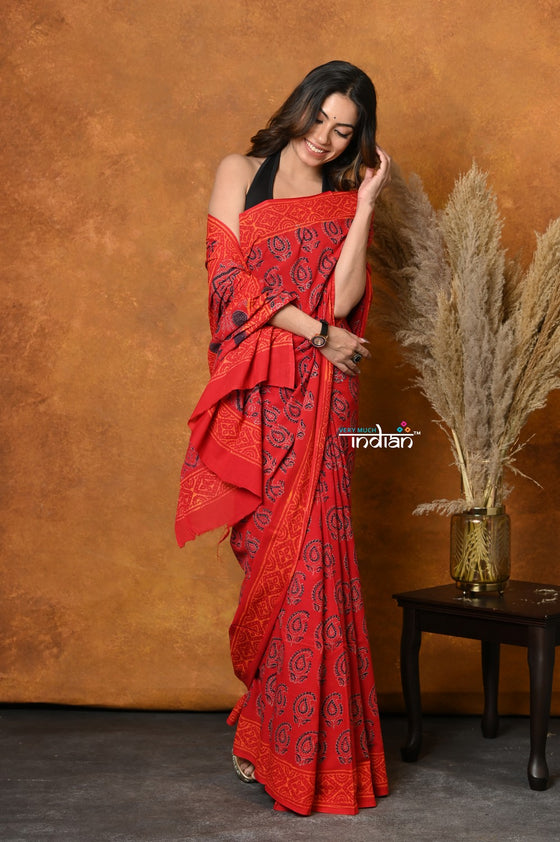 Mastaani ~ Handblock Printed Cotton Saree With Natural Dyes - Red